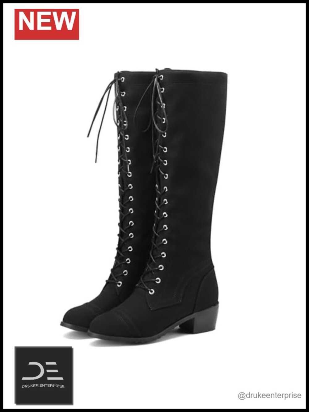 Knee High Combat Boots Lace Up Riding Boots Low Block Heel Sturdy Synthetic